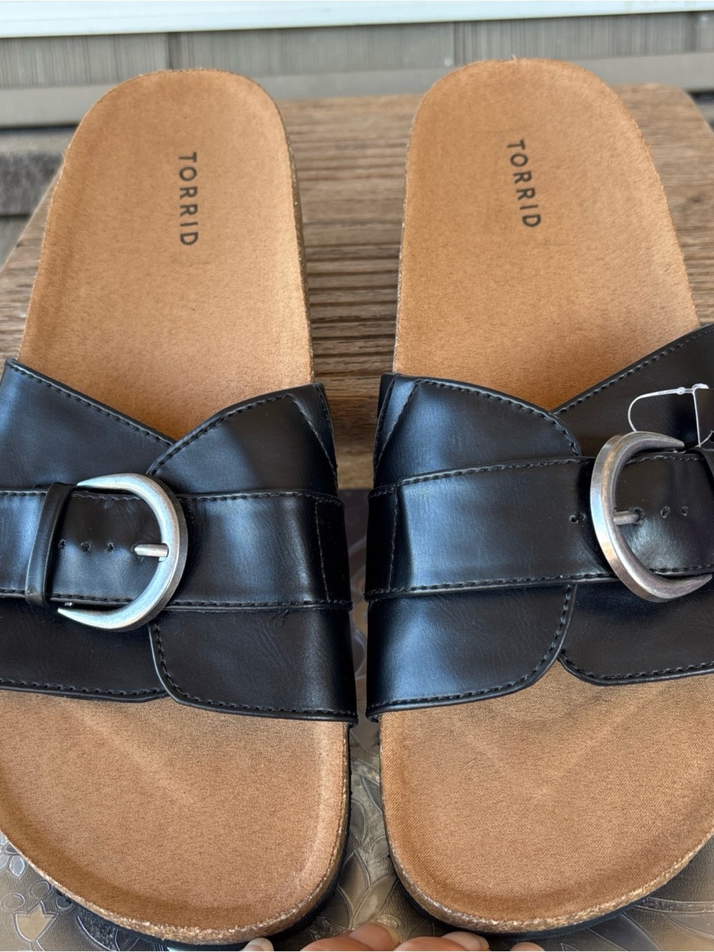 torrid NWT  Black Buckle Slide Sandals with Tan Footbed women’s 10 WW